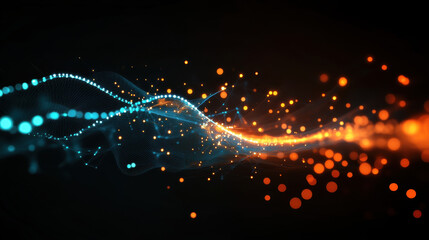 Abstract background with glowing particles and light trails on dark blue