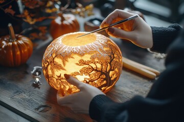 Hands carving intricate pumpkin designs home workshop photography artistic environment close-up view of halloween craftsmanship