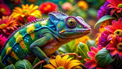 Fototapeta premium Vibrant Chameleon Camouflaged in Lush Floral Paradise - Architectural Photography