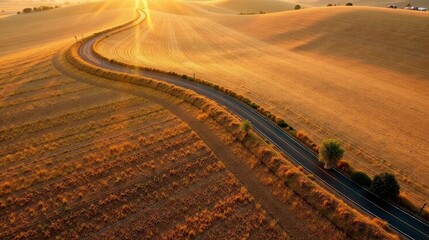 Golden Hour Road Winding Through Rural Farmland, A Serene Aerial View of a Countryside Highway at Sunset