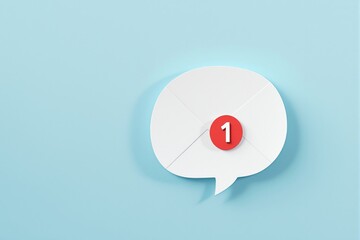 White speech bubble with envelope and red notification badge on light blue background. Concept of new message alert, email communication, or notification. Ai generative