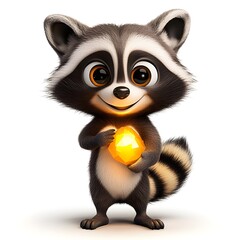 Fototapeta premium Cute cartoon raccoon character holding a glowing gem with an enchanting forest background, showcasing a whimsical and playful design suitable for kids themes