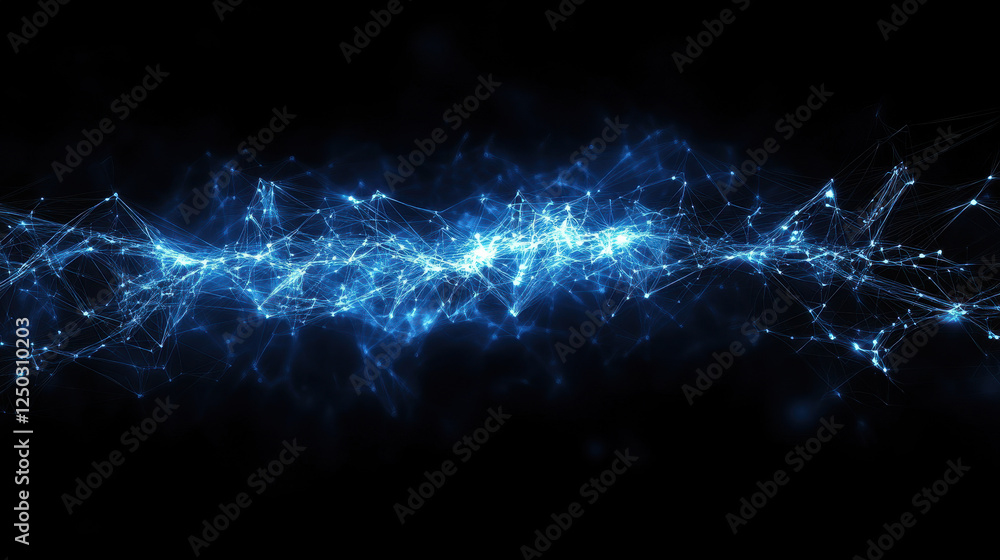 Poster abstract blue background with glowing connections and data points forming intricate patterns on a da