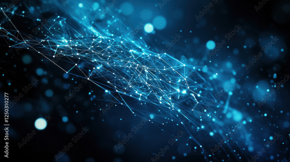 Poster abstract blue background with glowing connections and data points forming intricate patterns on a da