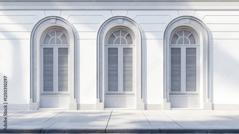 Poster gray wooden arched window shutters add elegance to a white building facade with a city sidewalk in f
