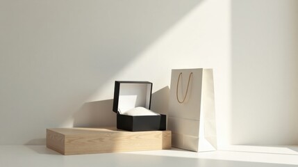 Elegant product presentation with a black gift box, a pristine shopping bag, and a light wood display platform, bathed in soft sunlight.