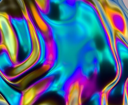 Holographic glossy surface with colorful opalescent ripples. Futuristic 3D illustration of neon glitched texture.