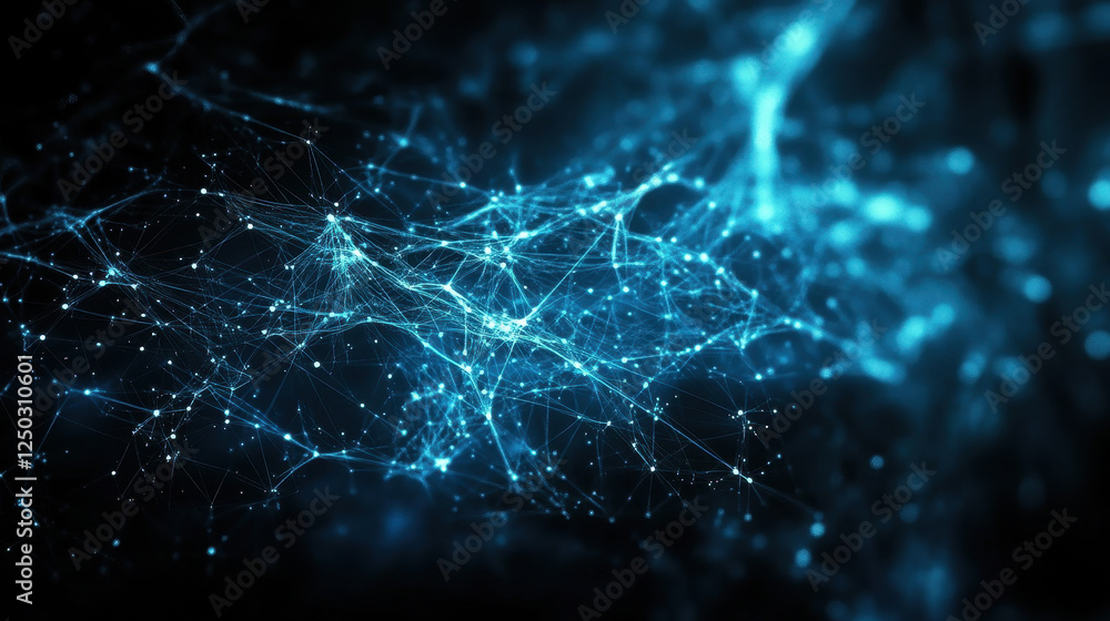 Poster abstract blue background with glowing connections and data points forming intricate patterns on a da