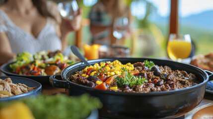 Obraz premium Delicious meal featuring colorful vegetables, beans, and herbs, served in cozy setting with drinks