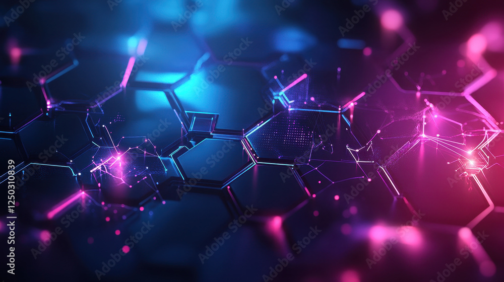 Poster abstract futuristic background with hexagons and glowing connections, a digital technology concept f