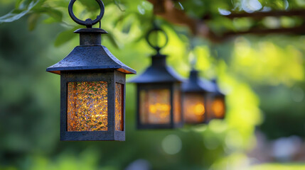 Elegant outdoor lanterns hanging in garden, casting warm light