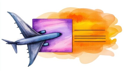 Watercolor Airplane Postcard Illustration Purple Plane on Orange Yellow Background