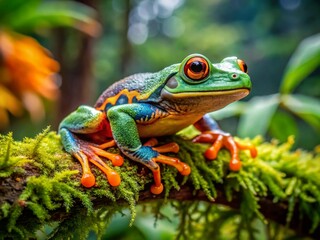 Obraz premium Vibrant Green Leaf Frog Closeup on Branch - Urban Exploration Photography