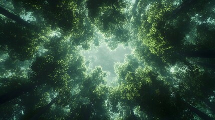 Fototapeta premium Lush green forest with vibrant foliage and shimmering sunlight filtering through the dense canopy