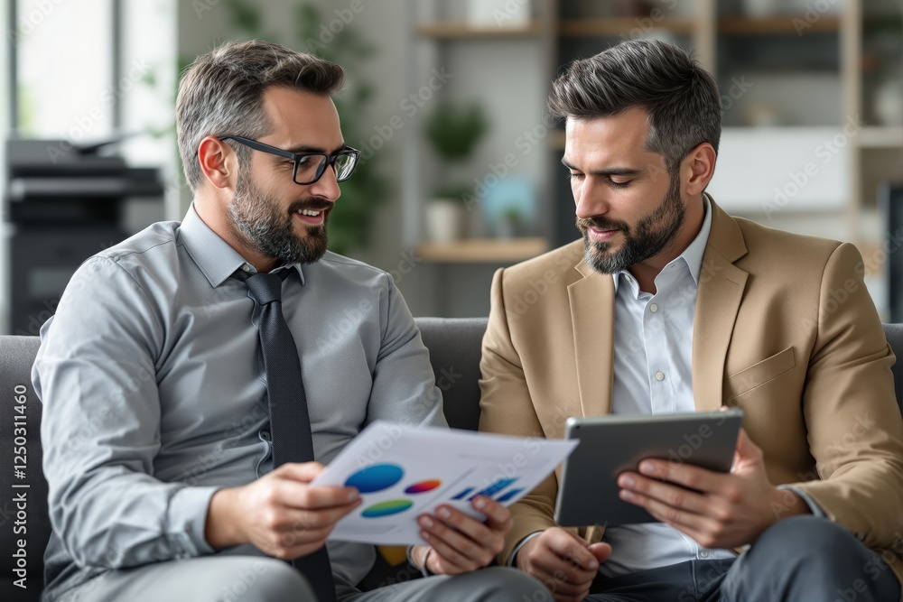 Poster two business professionals analyzing charts and data in an office background, one holding a tablet. 