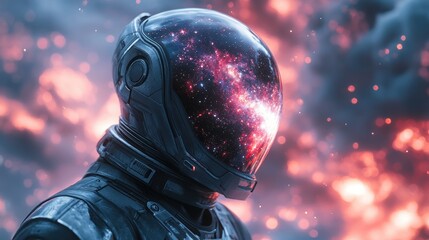 A futuristic astronaut helmet reflecting a cosmic scene in a dramatic setting.