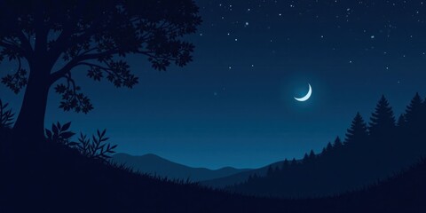 Serene Nighttime Landscape Featuring Silhouetted Trees, Crescent Moon, and Starry Sky Over Rolling Hills