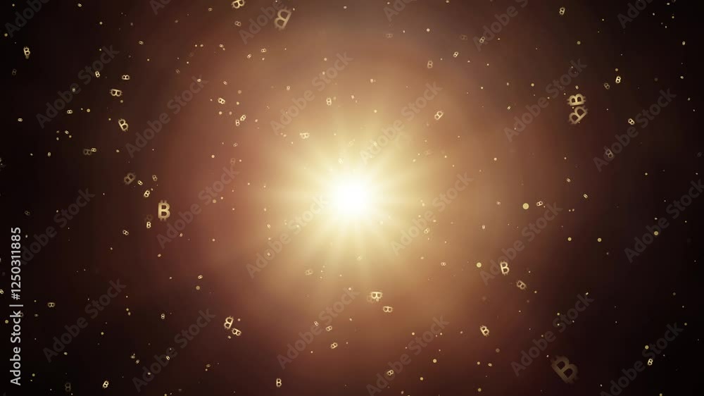 Poster floating rotating glowing bitcoin symbols surrounded by light and particles, representing cryptocurr
