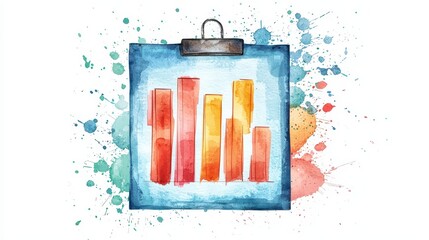 Watercolor Bar Graph On Clipboard With Paint Splatter Background