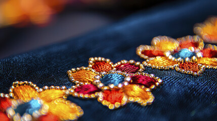 Intricate floral embroidery on dark fabric, showcasing vibrant colors and detailed craftsmanship