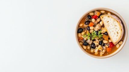 Hearty Bean Soup with Crusty Bread and Herb Garnish