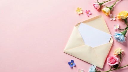 A Pale Yellow Envelope with a Blank Card and Pastel Flowers on a Pink Background, Perfect for Springtime Correspondence or a Sweet Message