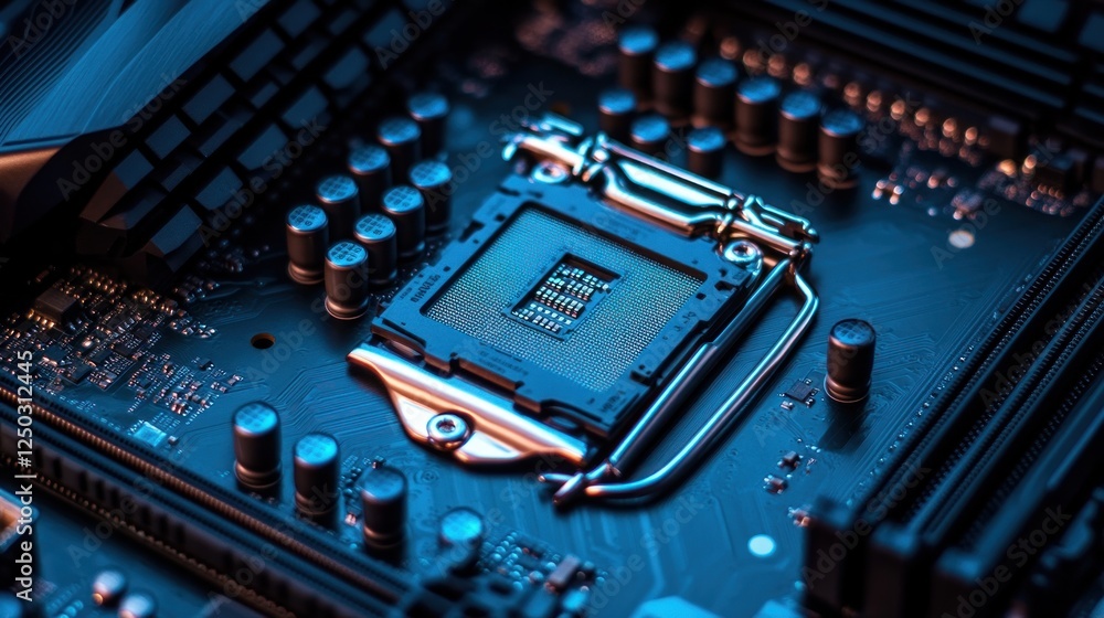 Poster abstract digital chip computer processor on motherboard or circuit board, ai generated image