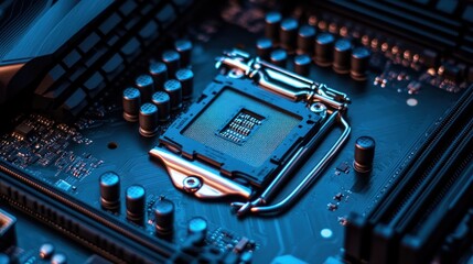 Abstract digital chip computer processor on motherboard or circuit board, AI generated image