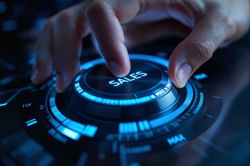 Close-up of a hand turning a high-tech sales control dial with a glowing blue interface on a dark background. Concept of business growth and marketing. Ai generative