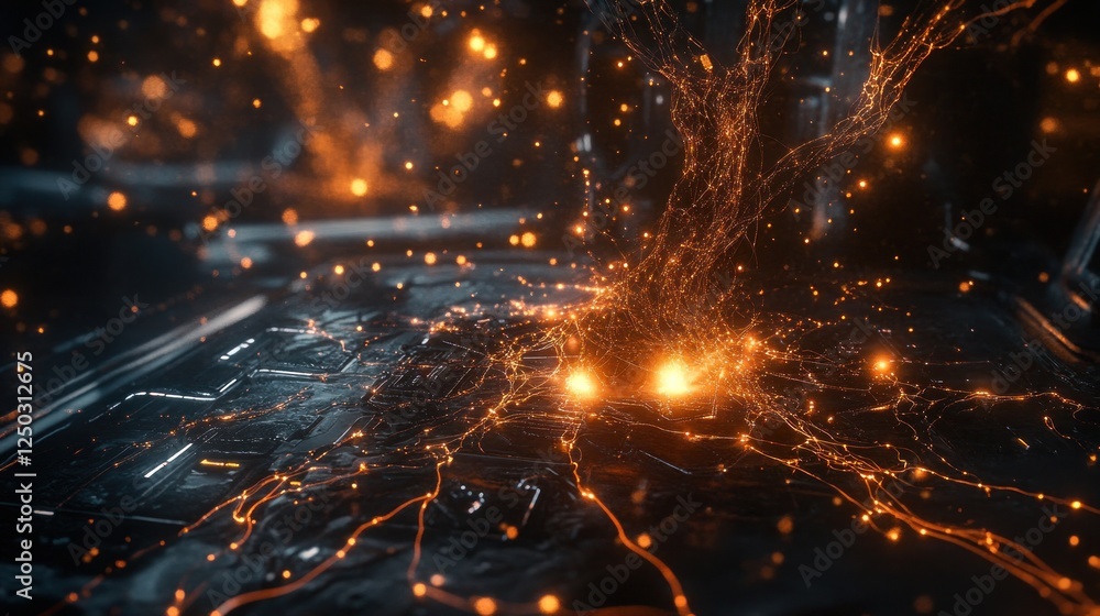 Poster futuristic technology abstract: glowing neural network connection concept