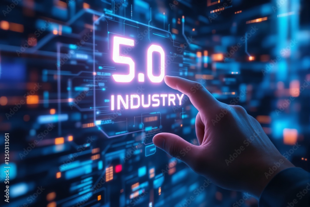 Poster hand touching industry 5. 0 text on futuristic digital interface with glowing elements and technolog