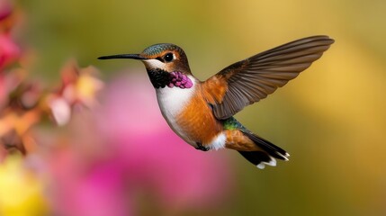 Fototapeta premium Vibrant hummingbird hovering near colorful flowers in a lush garden during daylight