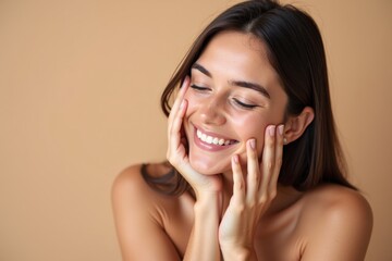 A Young Woman with Long Dark Hair Smiling Radiantly Against a Soft Brown Background, Expressing Joy and Contentment in a Natural and Serene Environment