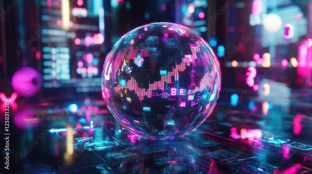 Aufkleber global market data visualization: a futuristic sphere displaying dynamic financial trends in a neon-