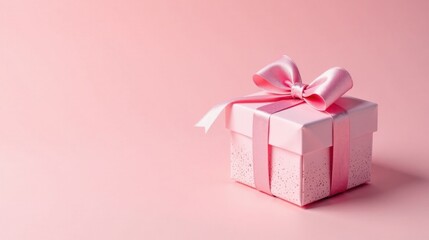 Obraz premium A delicately wrapped pink gift box with a satin ribbon bow sits on a pale pink background, ready for a special occasion