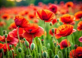 Fototapeta premium Vibrant Red Poppy Field - High-Resolution 8K Wallpaper Stock Photo