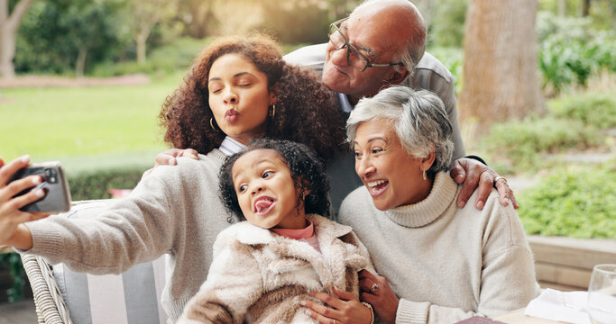 Selfie, family and silly outdoor with people, love or excited for reunion memories. Grandparents, woman or child in backyard for photography, social media or generations in video call with funny face
