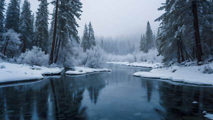 A serene winter landscape blanketed in fresh, untouched snow