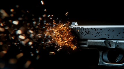 Close-up of a handgun firing with bullets and sparks exploding in a dark background