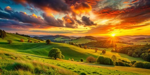 Fototapeta premium Vibrant Sunset Landscape: Golden Hour Meadow, Rolling Hills, and Clear Sky