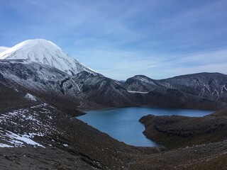 Snow capped mountain near a blue lagoon