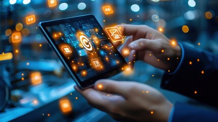 Person Using Digital Tablet With Glowing Network Icons At Night