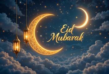 A Elegant Eid Mubarak Celebration with Crescent Moon, and Lanterns in Golden color in Night Sky 