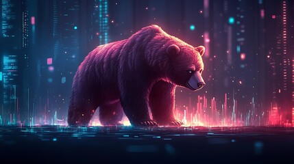 A dynamic golden bear breaking through a digital financial chart with a black and gold Bitcoin market backdrop