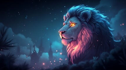 A golden Bitcoin glowing brightly behind a majestic black lion with piercing eyes in a dark financial cityscape