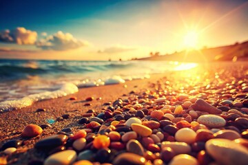 Obraz premium Vintage Beach Pebbles: Sun-Kissed Stones & Coastal Serenity