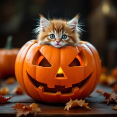 Cute Kitten Peeking Out of Carved Pumpkin for Halloween Holiday