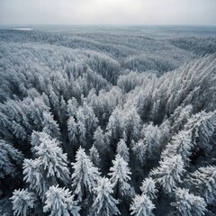 "A breathtaking aerial view of a snow-covered forest, the treetops forming a white sea stretching to the horizon."