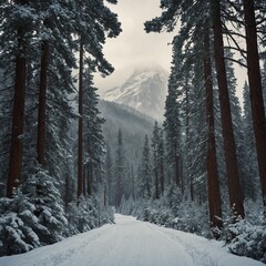 "A grand avenue lined with towering snowy pines, leading toward a distant, misty mountain range."