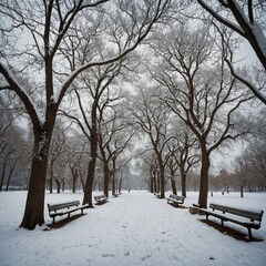 "A peaceful snowfall in a park with bare trees standing tall, their branches outlined with fresh snow."